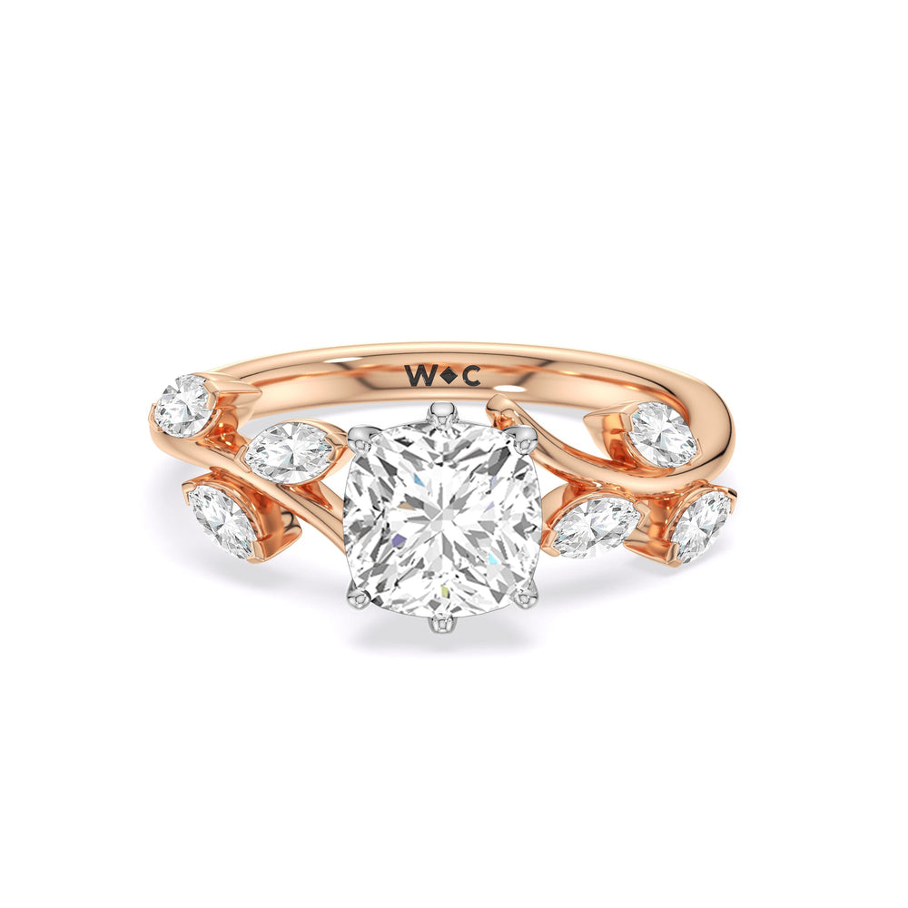 Slender Vine Six Prong Engagement Ring with Cushion Cut Diamond in 14KT White & Rose Gold view 1
