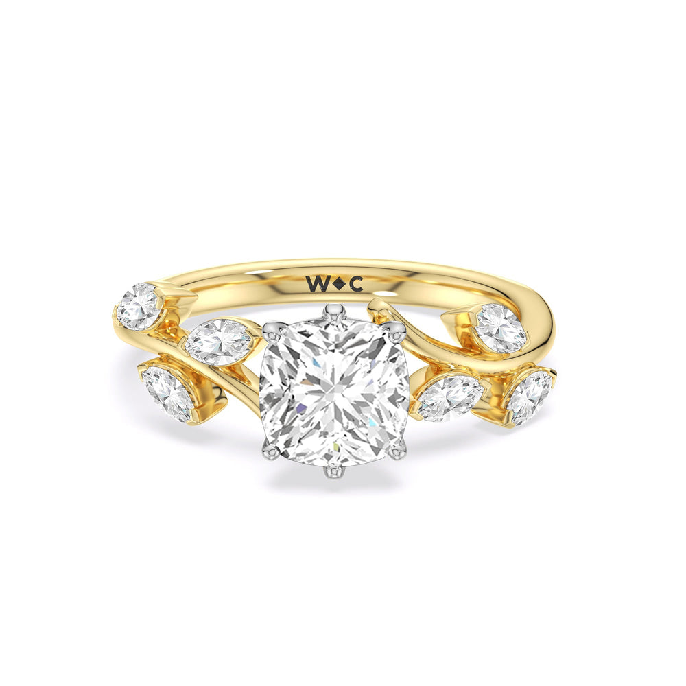 Slender Vine Six Prong Engagement Ring with Cushion Cut Diamond in 14KT White & Yellow Gold view 1
