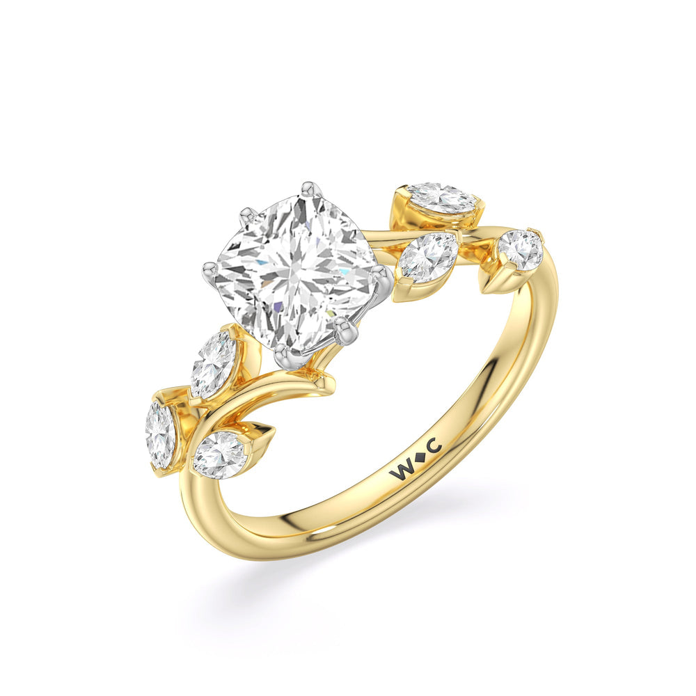 Slender Vine Six Prong Engagement Ring with Cushion Cut Diamond in 14KT White & Yellow Gold view 3
