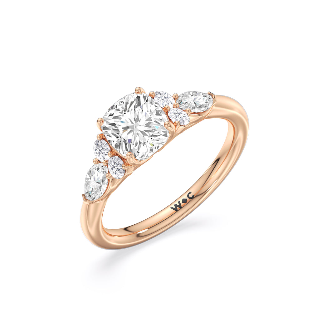 Trio Cluster Engagement Ring with Cushion Cut Diamond in 14KT Rose Gold view 3

