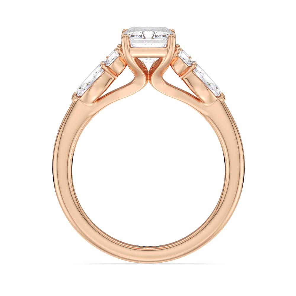 Trio Cluster Engagement Ring with Emerald Cut Diamond in 14KT Rose Gold view 2
