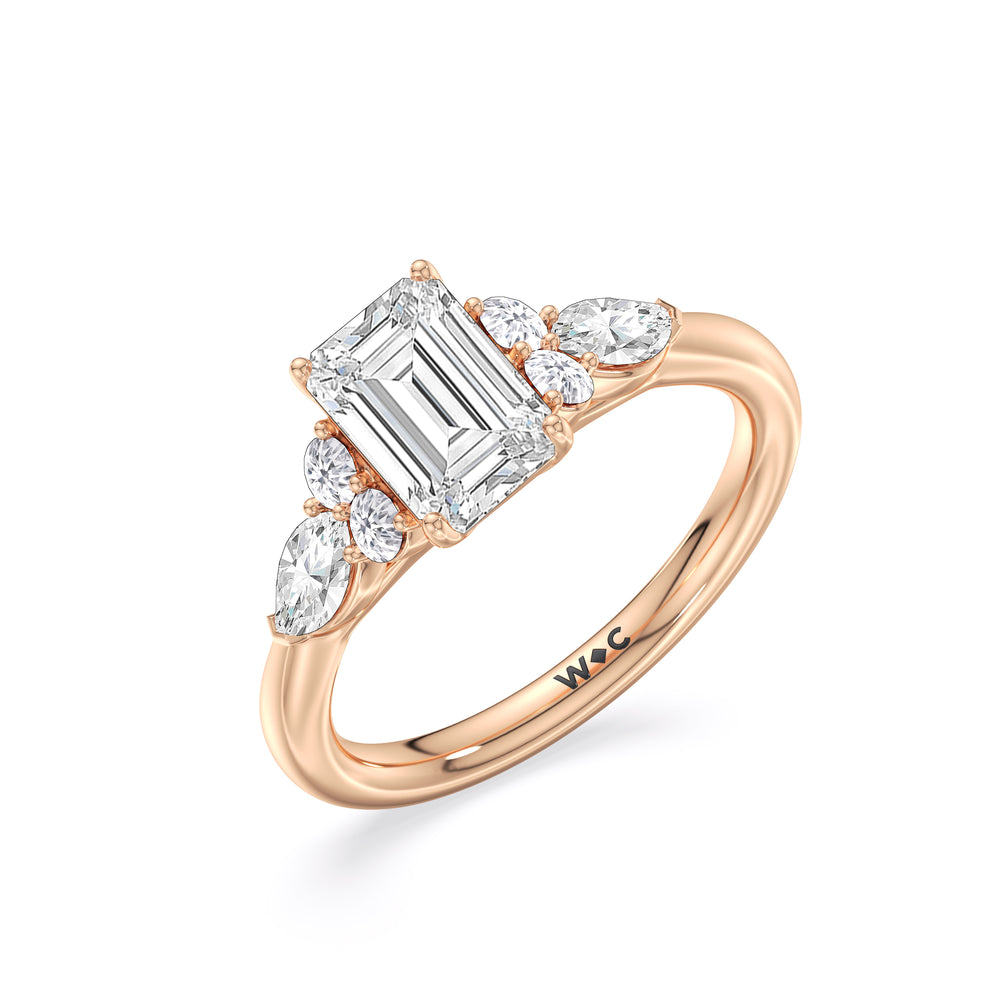 Trio Cluster Engagement Ring with Emerald Cut Diamond in 14KT Rose Gold view 3
