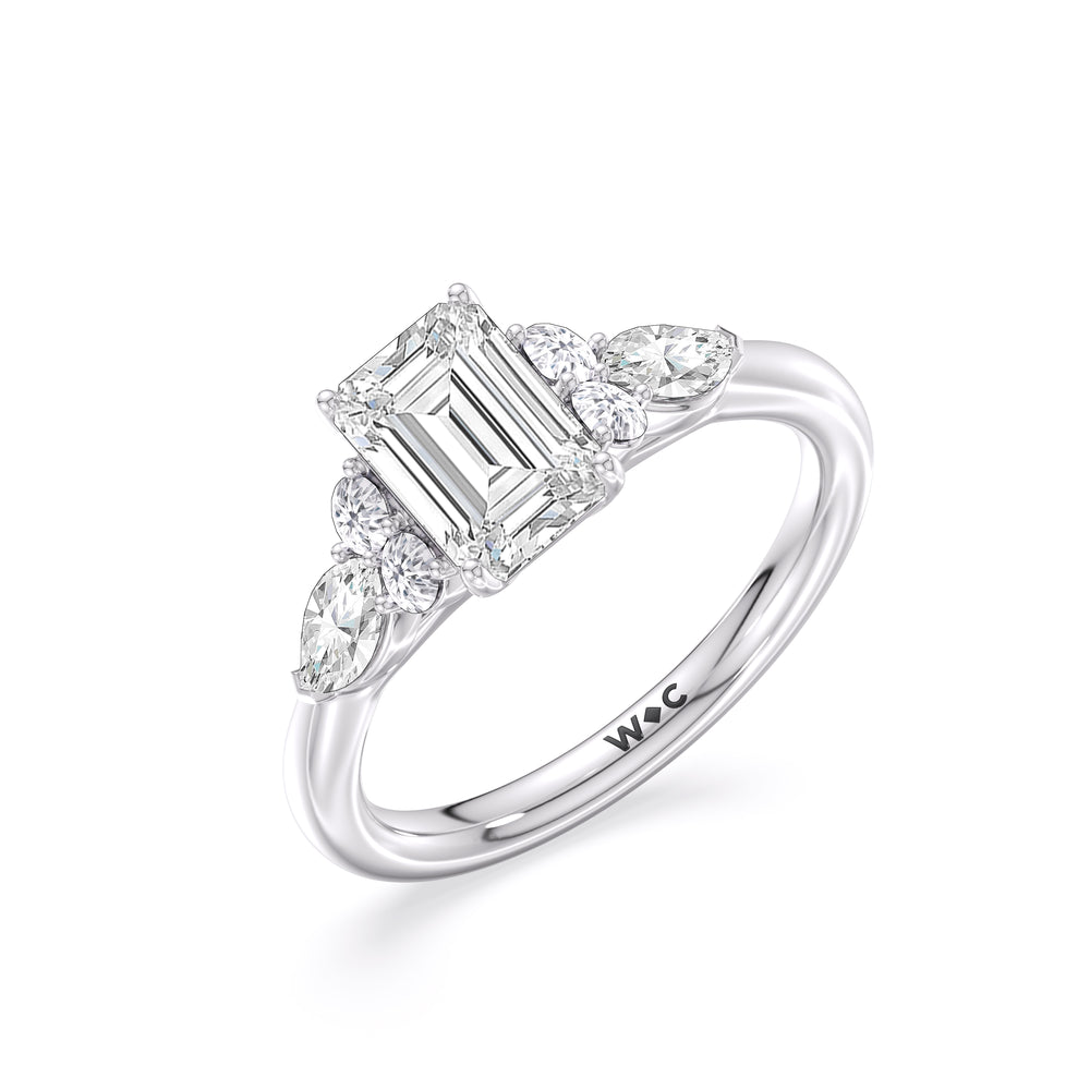 Trio Cluster Engagement Ring with Emerald Cut Diamond in 14KT Platinum view 3
