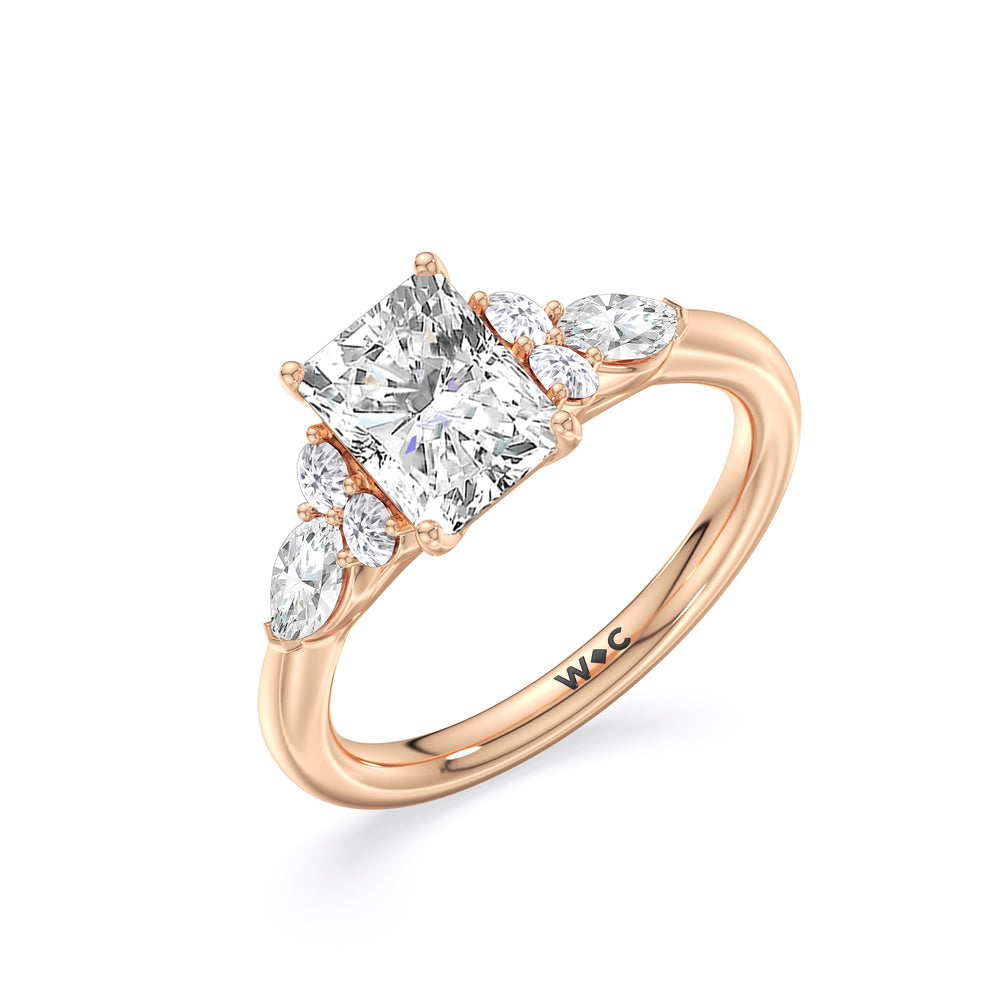 Trio Cluster Engagement Ring with Radiant Cut Diamond in 14KT Rose Gold view 3
