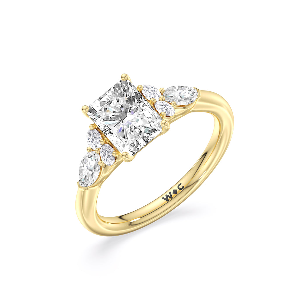 Trio Cluster Engagement Ring with Radiant Cut Diamond in 14KT Yellow Gold view 3
