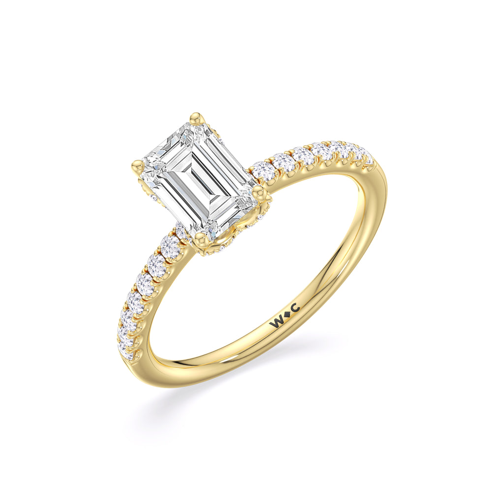 Chevron Hidden Halo Engagement Ring with Emerald Cut Diamond in 14KT Yellow Gold view 3
