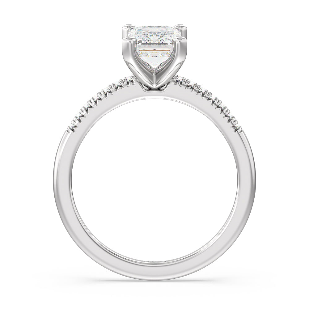 Lyra Petite French Set Diamond Engagement Ring with Emerald Cut Diamond in 14KT Platinum view 2
