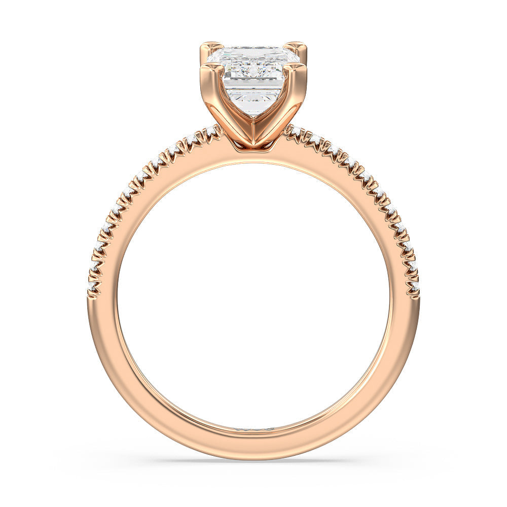 Vela Petite French Set Diamond Engagement Ring with Emerald Cut Diamond in 14KT Rose Gold view 2
