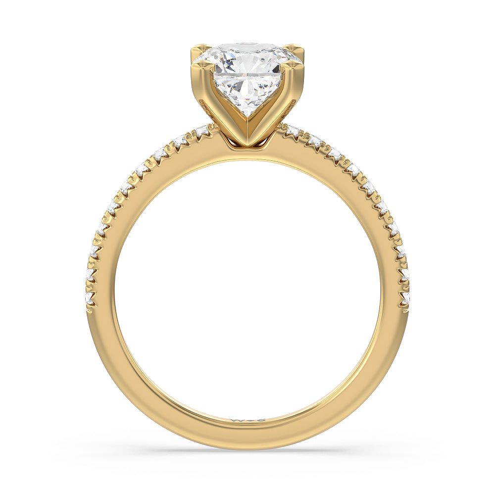 Vela Medi French Set Diamond Engagement Ring with Cushion Cut Diamond in 14KT Yellow Gold view 2

