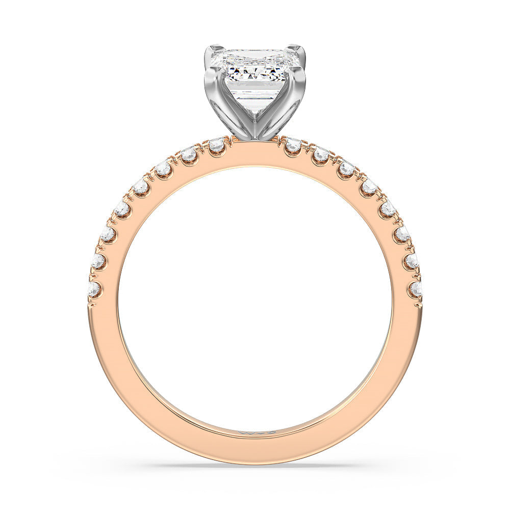 Vela Classic Pave Diamond Engagement Ring with Emerald Cut Diamond in 14KT White & Rose Gold view 2
