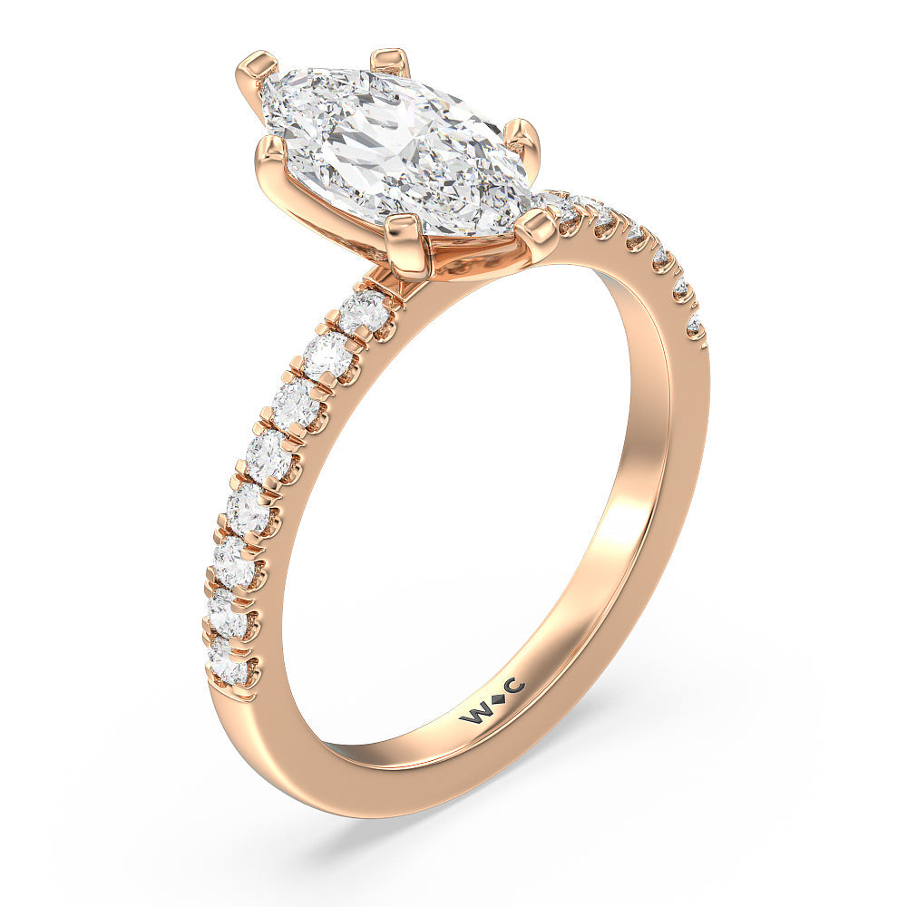 Vela Classic Pave Diamond Engagement Ring with Marquise Cut Diamond in 14KT Rose Gold view 3
