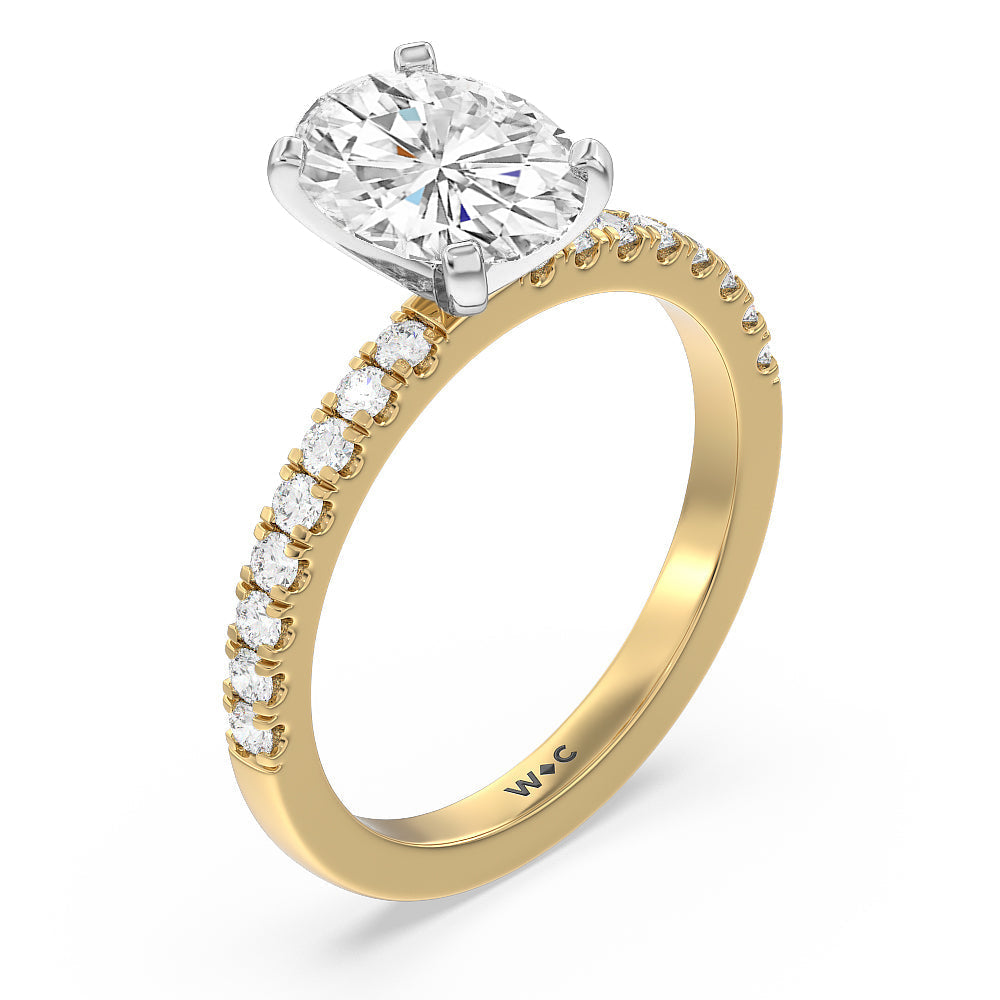 Vela Classic Pave Diamond Engagement Ring with Oval Cut Diamond in 14KT White & Yellow Gold view 3
