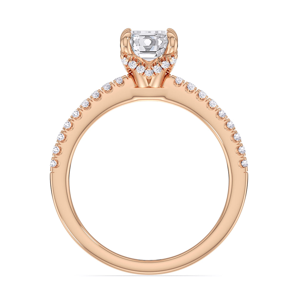 Fine Chevron Hidden Halo Engagement Ring with Emerald Cut Diamond in 14KT Rose Gold view 2
