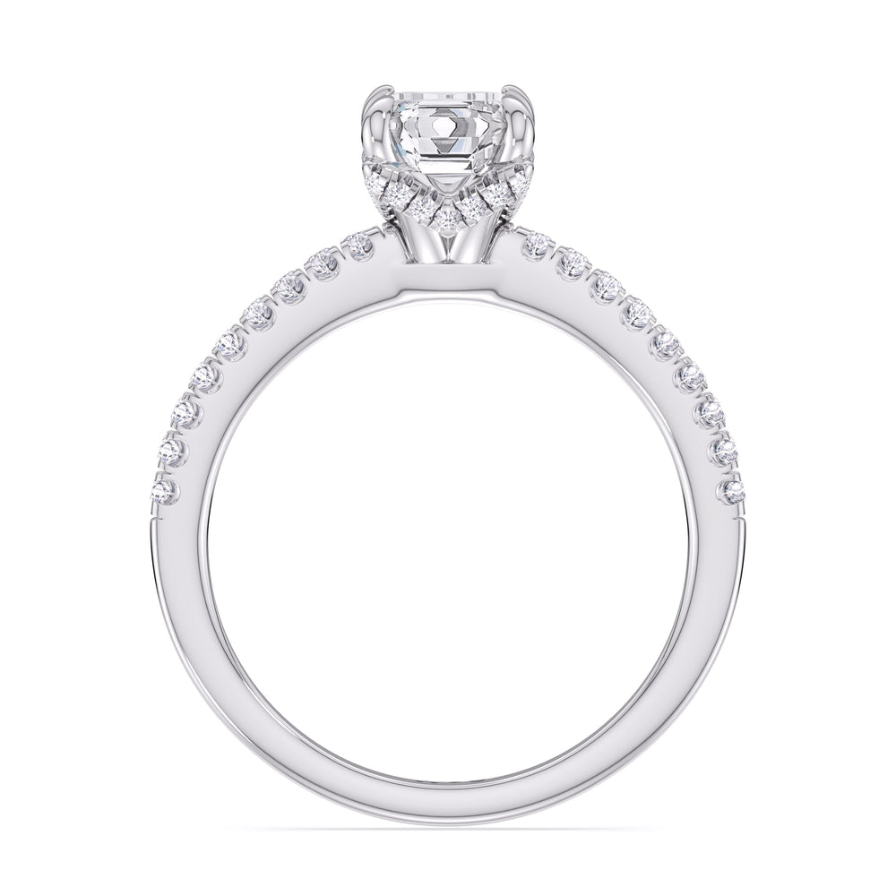 Fine Chevron Hidden Halo Engagement Ring with Emerald Cut Diamond in 14KT Platinum view 2
