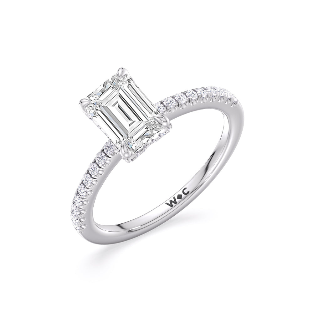 Fine Chevron Hidden Halo Engagement Ring with Emerald Cut Diamond in 14KT Platinum view 3
