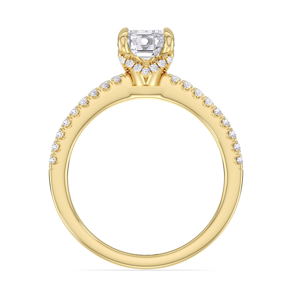 Fine Chevron Hidden Halo Engagement Ring with Emerald Cut Diamond in 14KT Yellow Gold view 2
