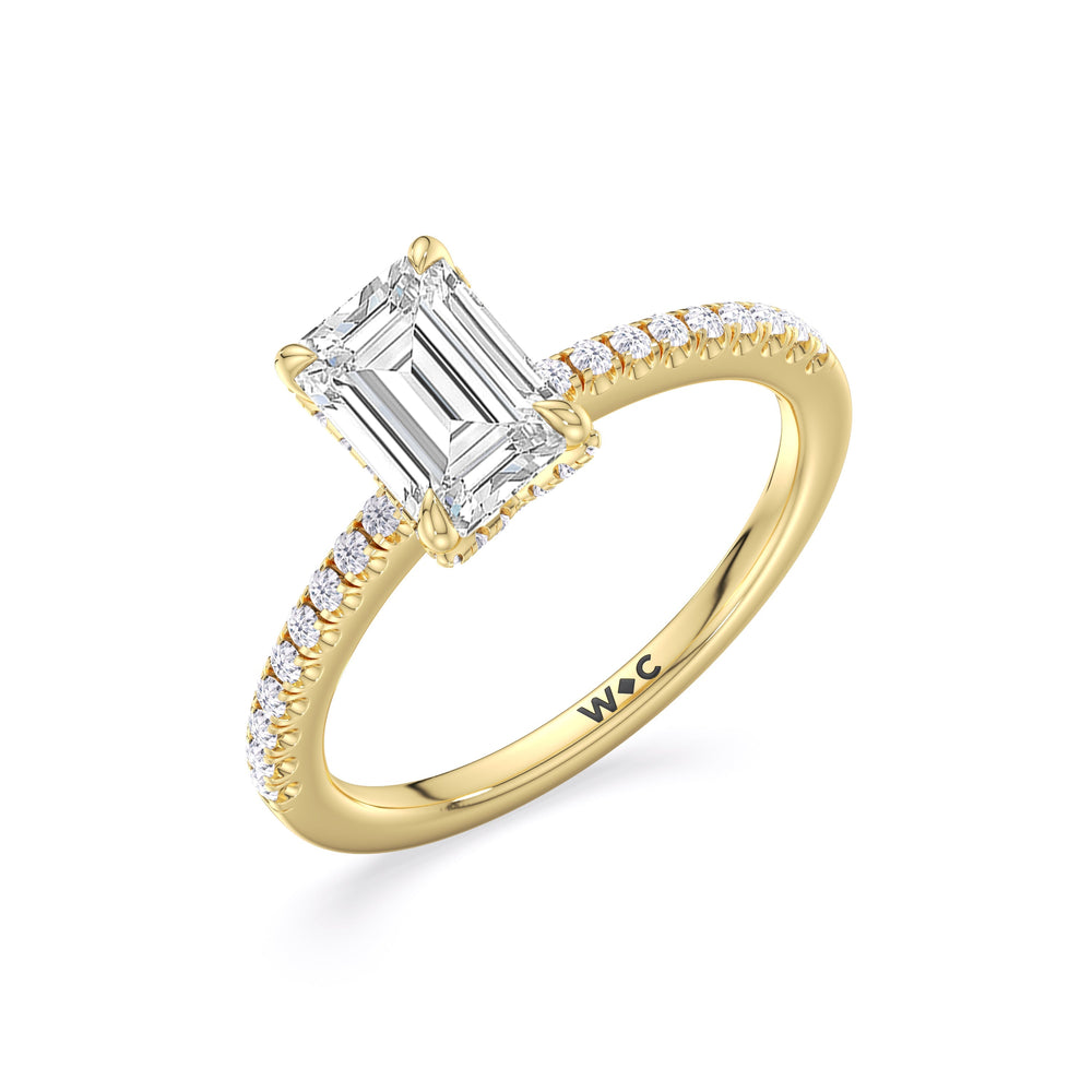 Fine Chevron Hidden Halo Engagement Ring with Emerald Cut Diamond in 14KT Yellow Gold view 3
