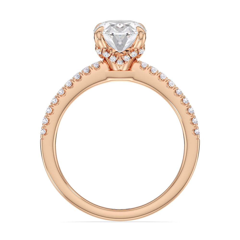 Fine Chevron Hidden Halo Engagement Ring with Oval Cut Diamond in 14KT Rose Gold view 2
