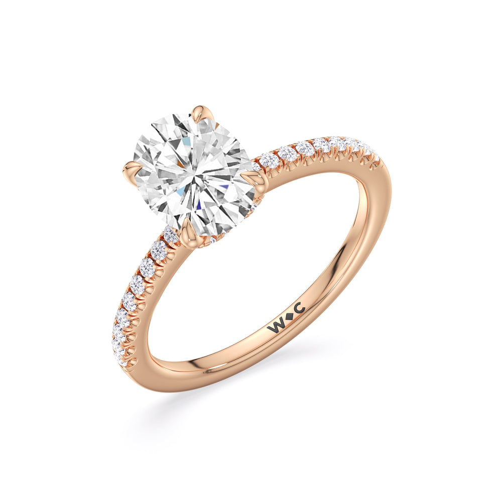 Fine Chevron Hidden Halo Engagement Ring with Oval Cut Diamond in 14KT Rose Gold view 3

