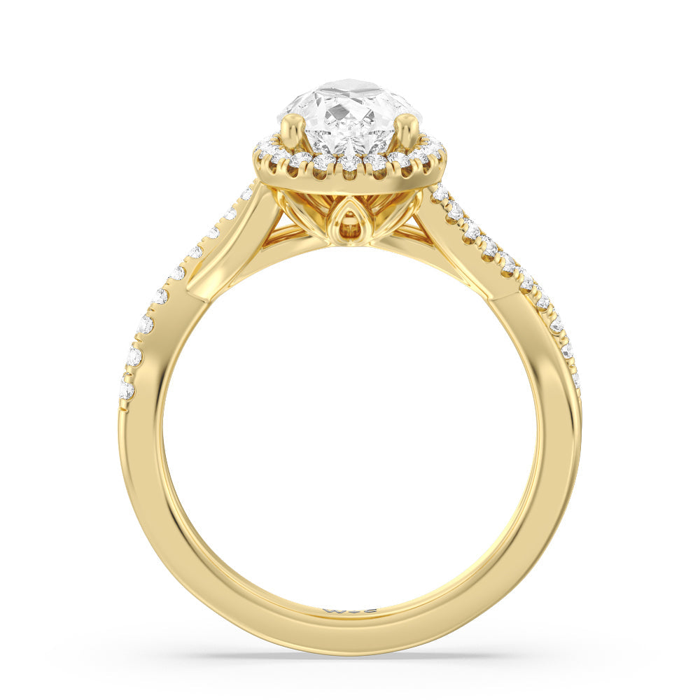 Crossover Split Cathedral Halo Engagement Ring with Pear Cut Diamond in 14KT Yellow Gold view 2
