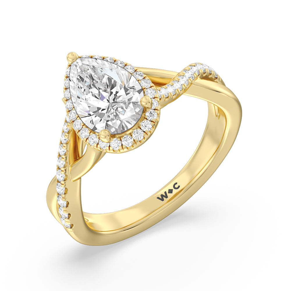 Crossover Split Cathedral Halo Engagement Ring with Pear Cut Diamond in 14KT Yellow Gold view 3
