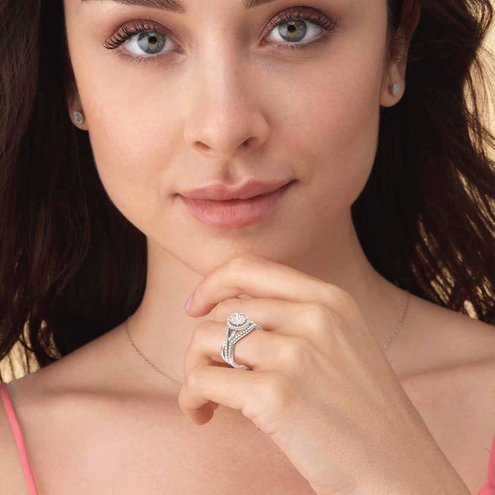 Model Wearing Crossover Split Cathedral Halo Wedding Band view