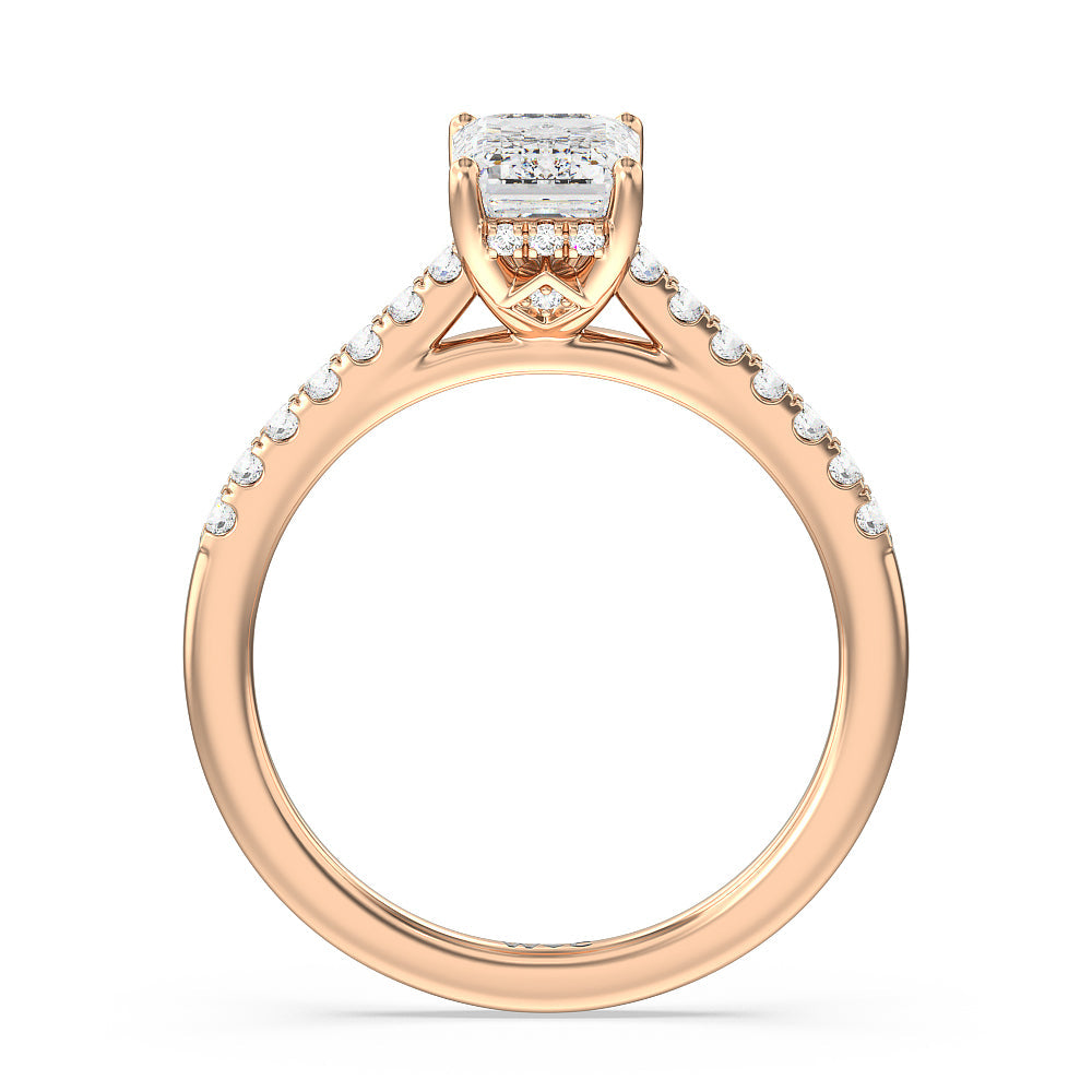 Cathedral Diamond Pave Hidden Halo Engagement Ring with Emerald Cut Diamond in 14KT Rose Gold view 2
