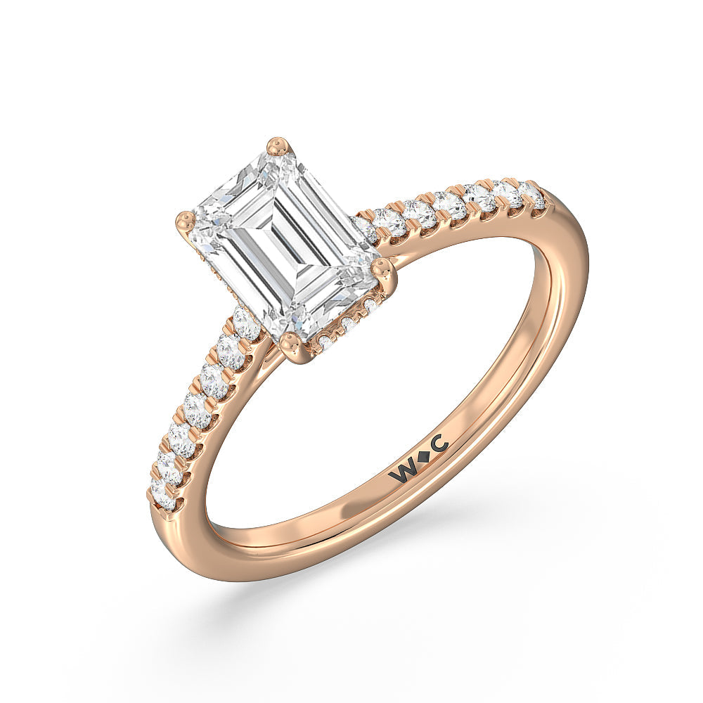 Cathedral Diamond Pave Hidden Halo Engagement Ring with Emerald Cut Diamond in 14KT Rose Gold view 3
