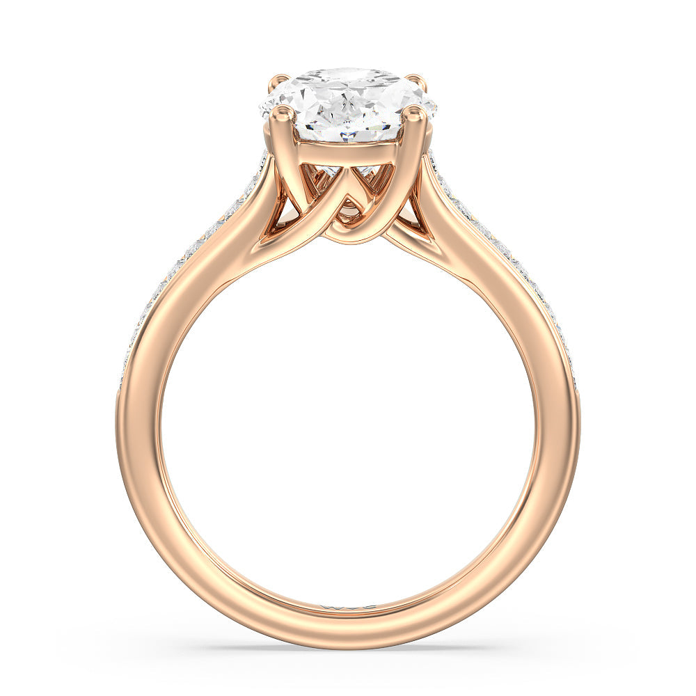 Baguette Studded Cathedral Shank Engagement Ring with Oval Cut Diamond in 14KT Rose Gold view 2
