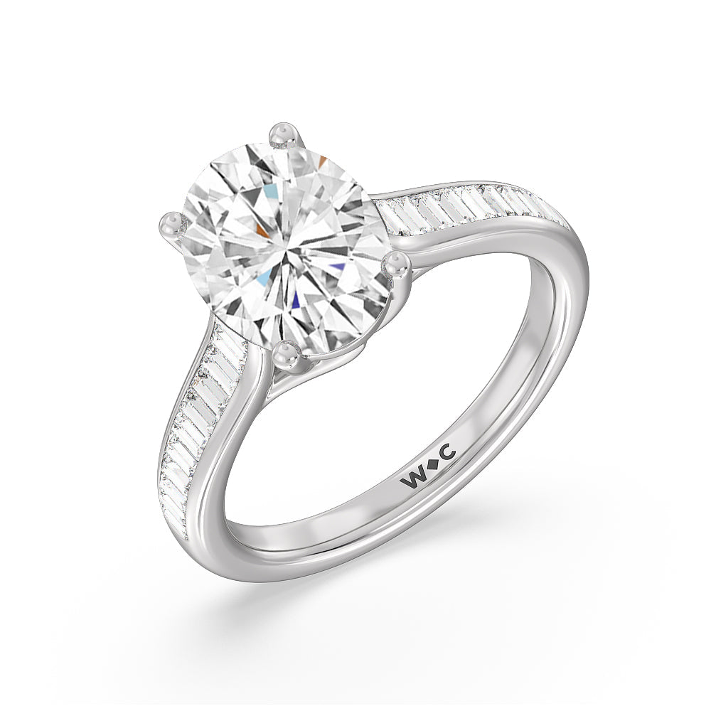 Baguette Studded Cathedral Shank Engagement Ring with Oval Cut Diamond in 14KT Platinum view 3
