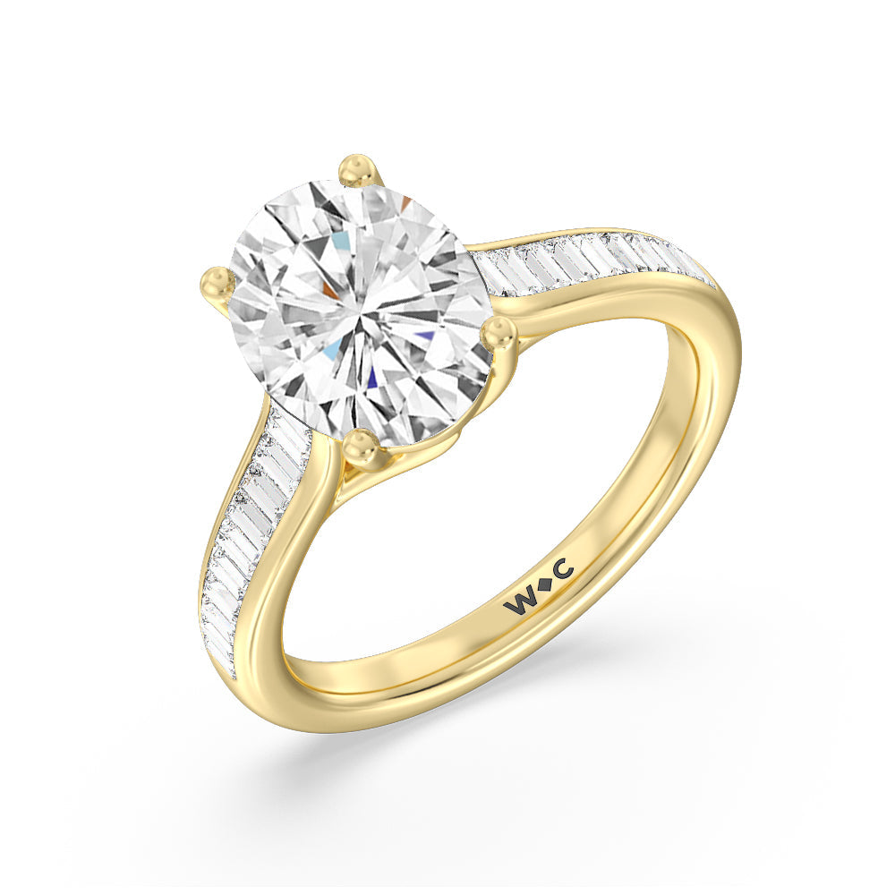 Baguette Studded Cathedral Shank Engagement Ring with Oval Cut Diamond in 14KT Yellow Gold view 3
