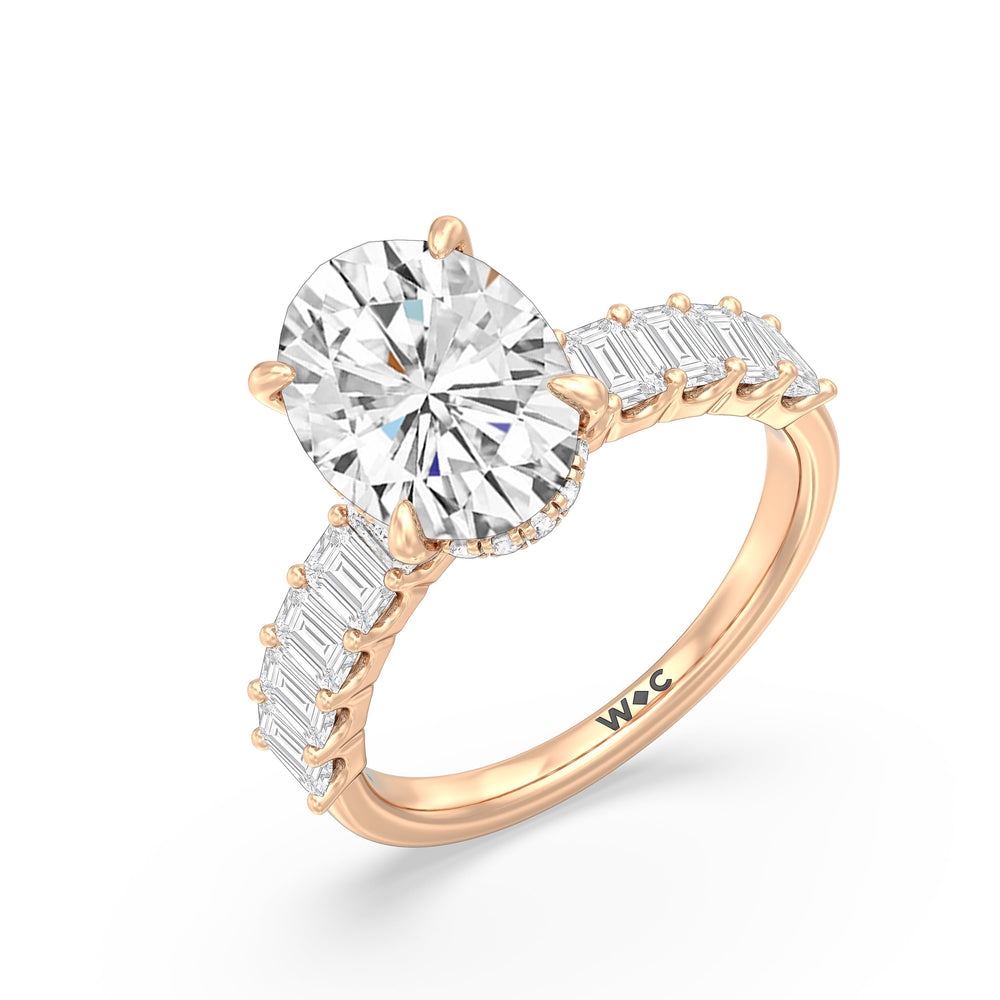 Oval Cut Hidden Halo Emerald Side Stones Engagement Ring with Lab Grown Diamond in 14KT Rose Gold view 3
