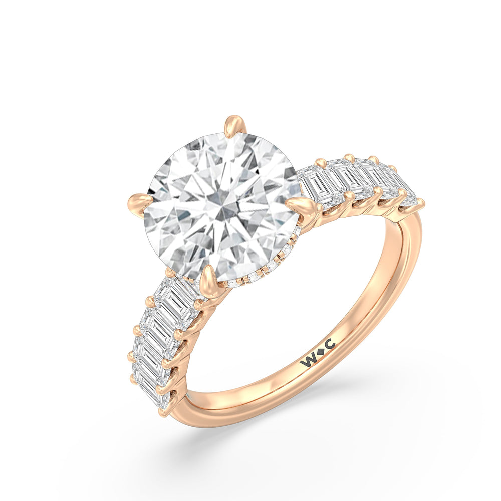 Round Cut Hidden Halo Emerald Side Stones Engagement Ring with Lab Grown Diamond in 14KT Rose Gold view 3

