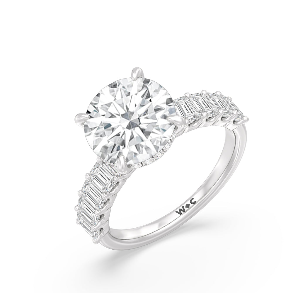 Round Cut Hidden Halo Emerald Side Stones Engagement Ring with Lab Grown Diamond in 14KT Platinum view 3
