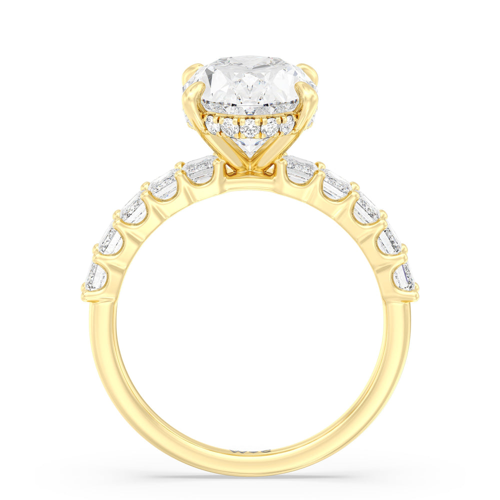 Hidden Halo Emerald Side Stones Engagement Ring with Oval Cut Diamond in 14KT Yellow Gold view 4

