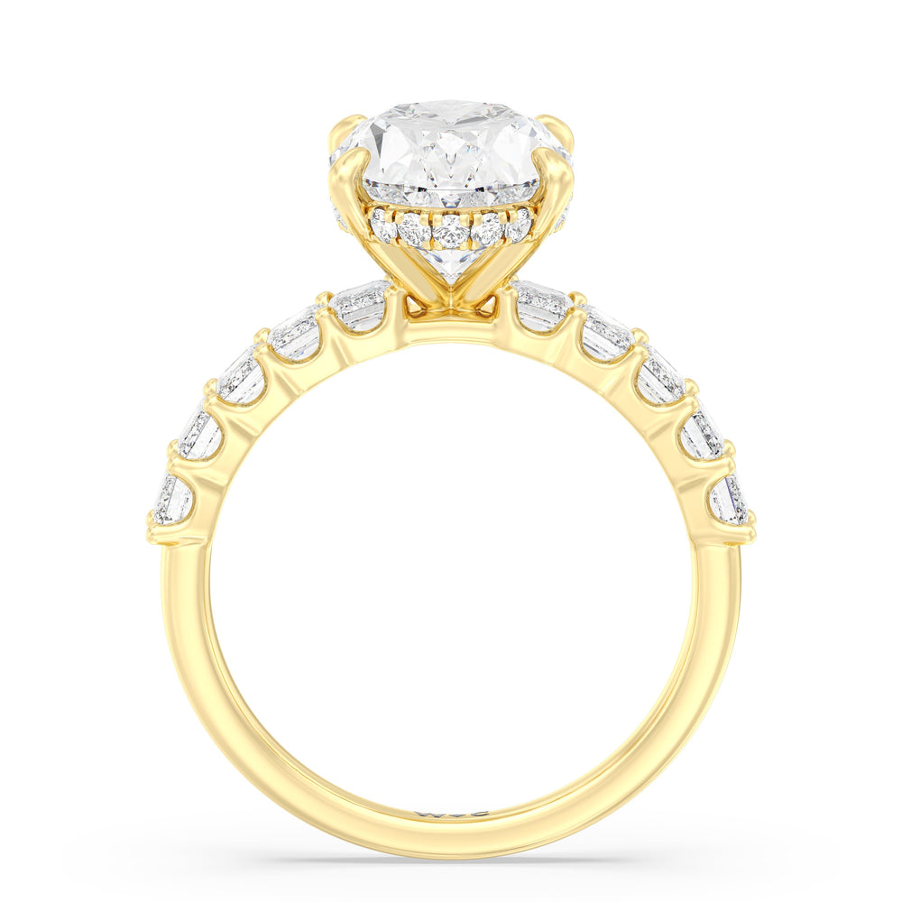 Round Cut Hidden Halo Emerald Side Stones Engagement Ring with Lab Grown Diamond in 14KT Yellow Gold view 2

