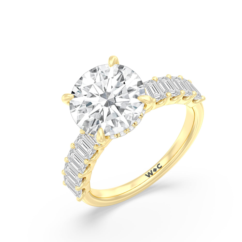 Round Cut Hidden Halo Emerald Side Stones Engagement Ring with Lab Grown Diamond in 14KT Yellow Gold view 3
