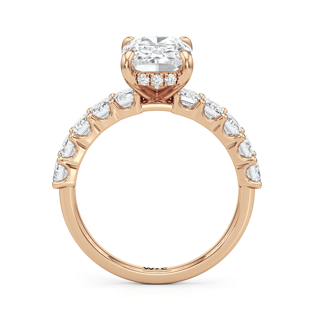 Hidden Halo Emerald Side Stones Engagement Ring with Elongated Cushion Cut Diamond in 14KT Rose Gold view 4
