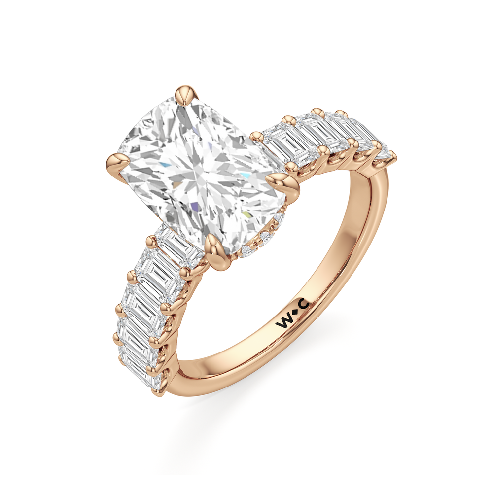 Hidden Halo Emerald Side Stones Engagement Ring with Elongated Cushion Cut Diamond in 14KT Rose Gold view 5
