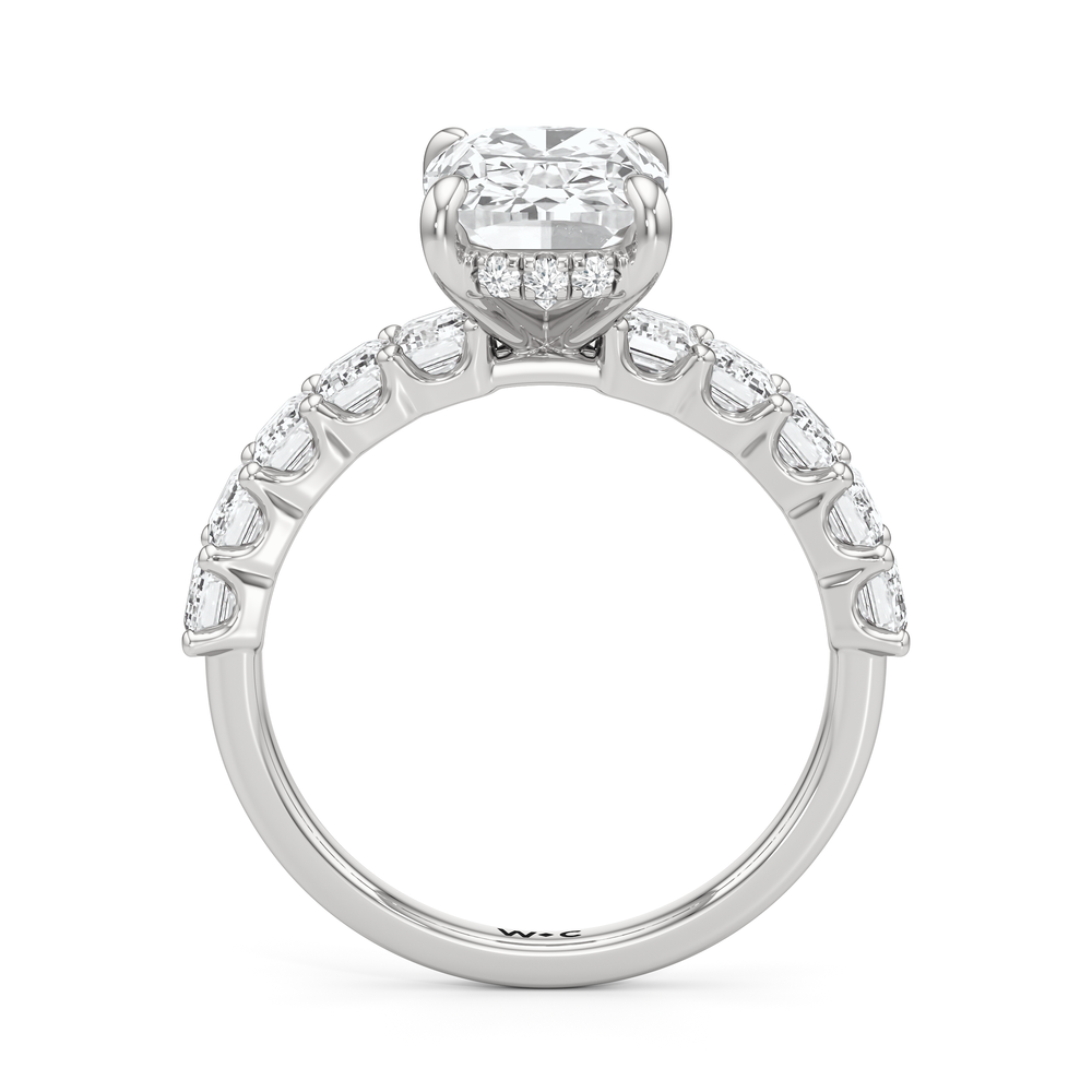 Hidden Halo Emerald Side Stones Engagement Ring with Elongated Cushion Cut Diamond in 14KT Platinum view 4
