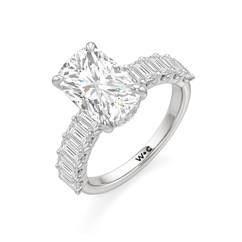 Hidden Halo Emerald Side Stones Engagement Ring with Elongated Cushion Cut Diamond in 14KT Platinum view 5
