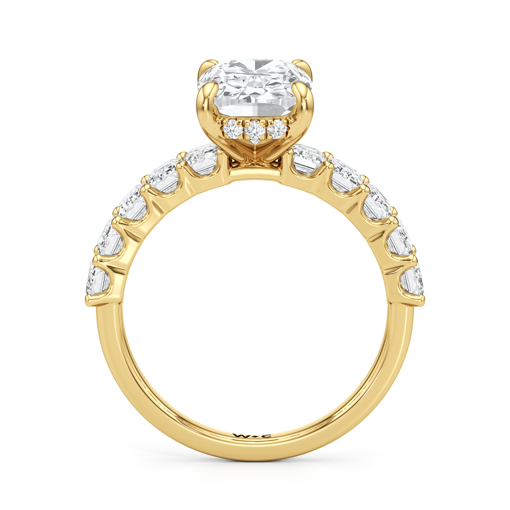 Hidden Halo Emerald Side Stones Engagement Ring with Elongated Cushion Cut Diamond in 14KT Yellow Gold view 4
