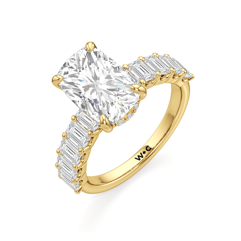 Hidden Halo Emerald Side Stones Engagement Ring with Elongated Cushion Cut Diamond in 14KT Yellow Gold view 5
