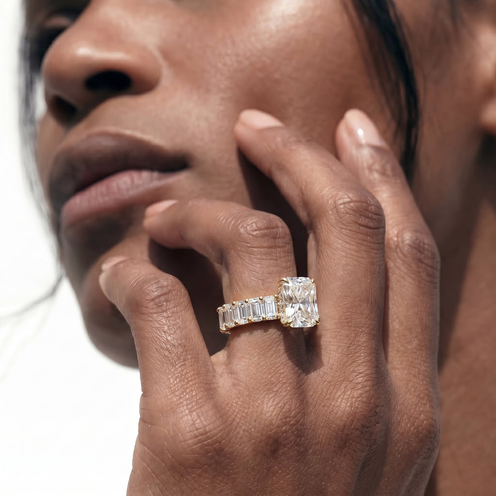 Hidden Halo Emerald Side Stones Engagement Ring with Oval Cut Diamond in 14KT Yellow Gold view 3
