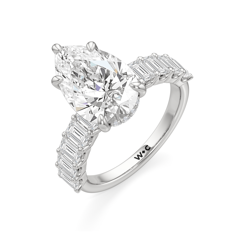 Hidden Halo Emerald Side Stones Engagement Ring with Pear Cut Diamond in 14KT Platinum view 5
