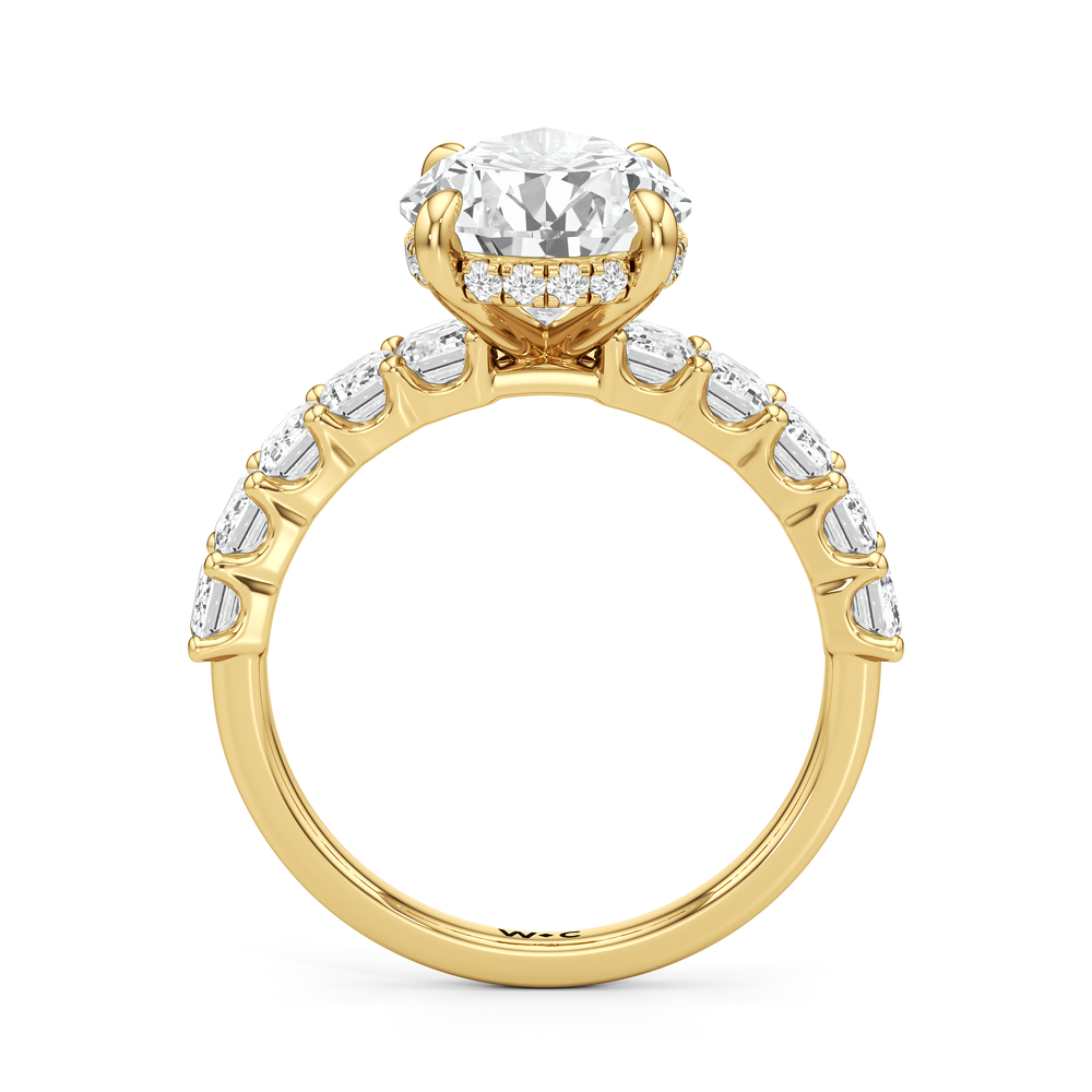 Hidden Halo Emerald Side Stones Engagement Ring with Pear Cut Diamond in 14KT Yellow Gold view 4
