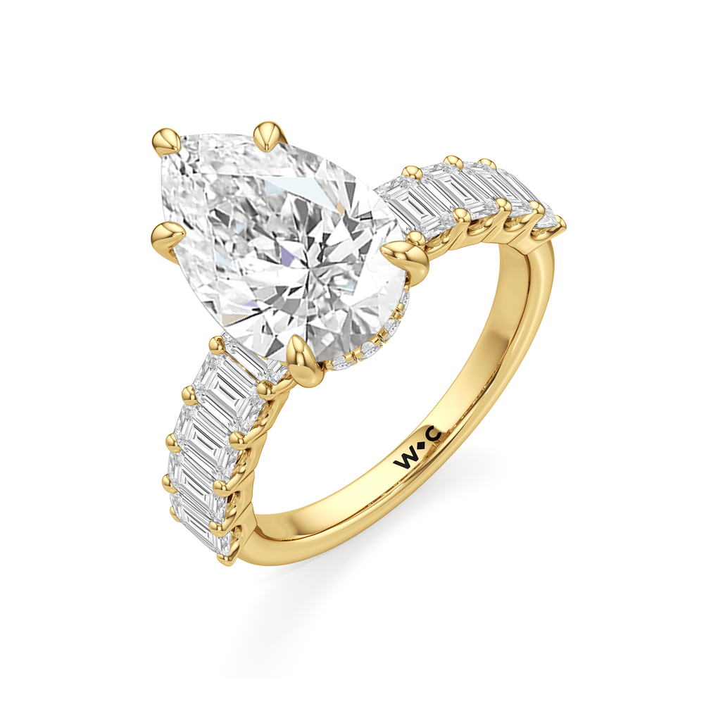 Hidden Halo Emerald Side Stones Engagement Ring with Pear Cut Diamond in 14KT Yellow Gold view 5
