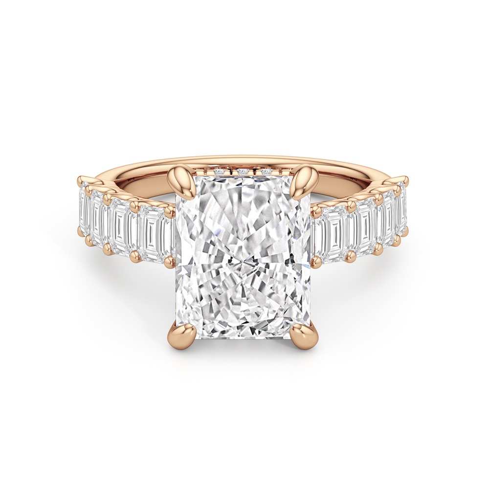 Hidden Halo Emerald Side Stones Engagement Ring with Radiant Cut Diamond in 14KT Rose Gold view 1
