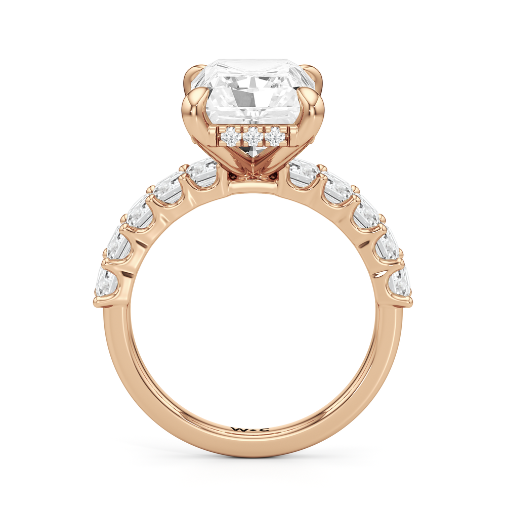 Hidden Halo Emerald Side Stones Engagement Ring with Radiant Cut Diamond in 14KT Rose Gold view 4
