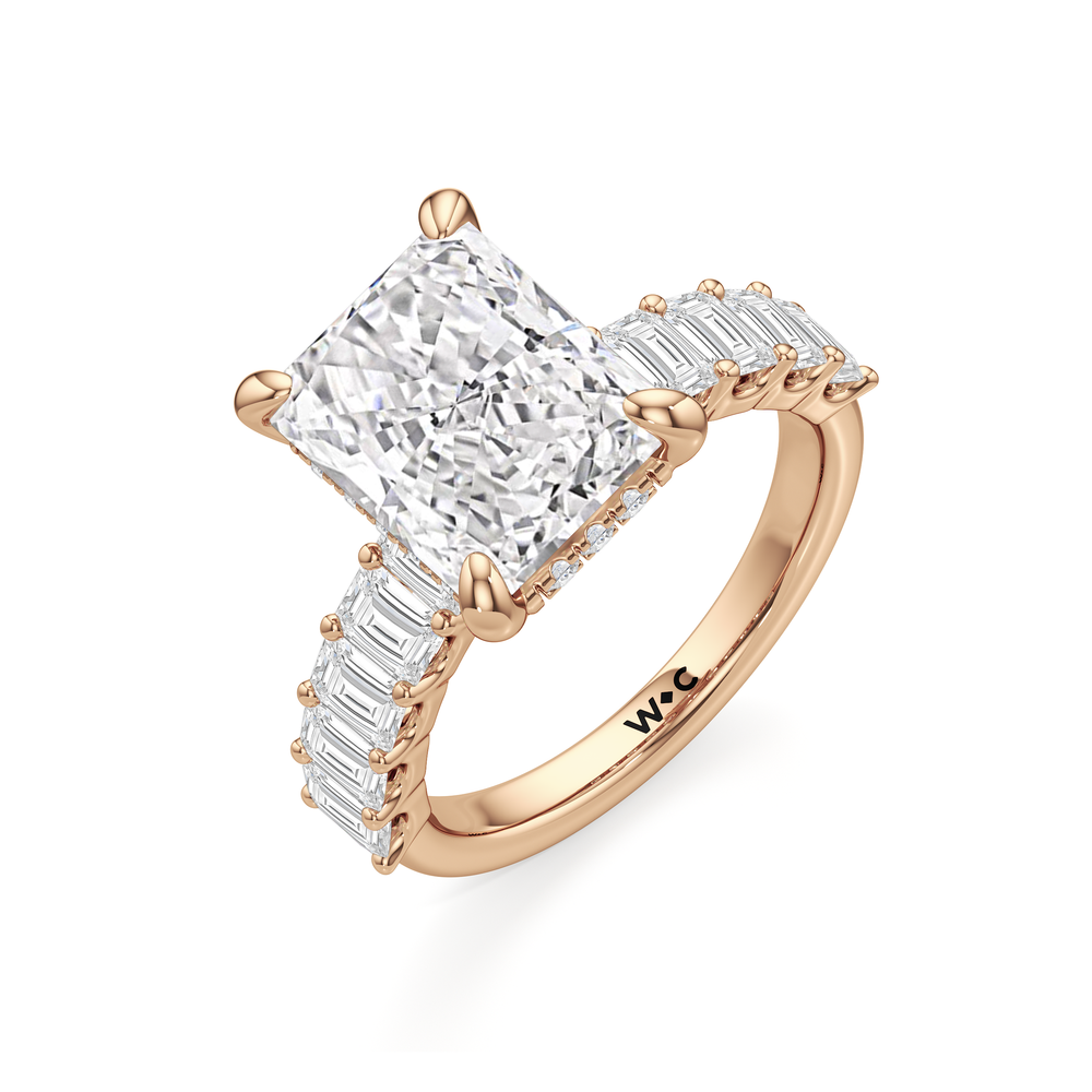 Hidden Halo Emerald Side Stones Engagement Ring with Radiant Cut Diamond in 14KT Rose Gold view 5
